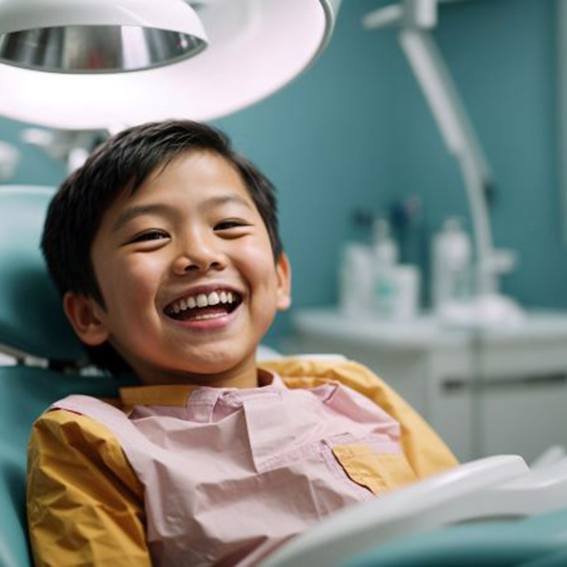 Laughing young boy in dental treatment chair