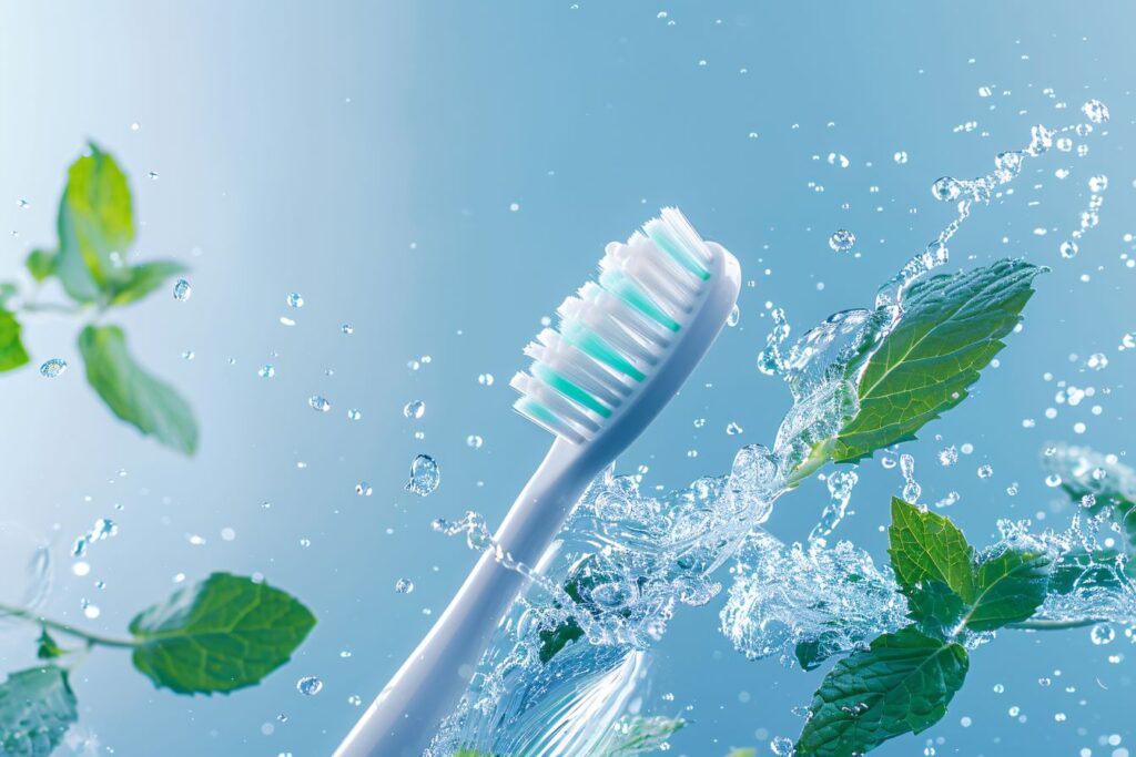 A toothbrush being splashed with water.